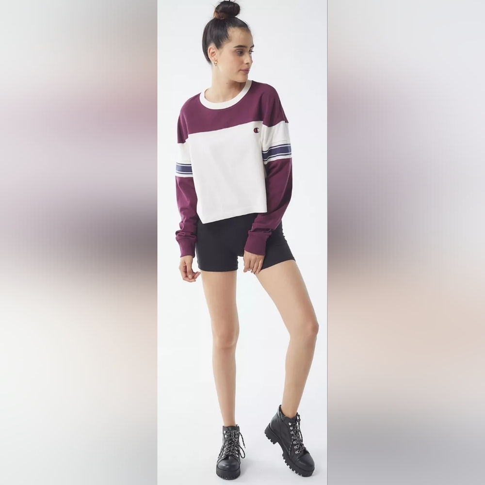 Champion Womens Senior Girls Maroon/Off-white Cropped Long Sleeve Tee. Sz XS